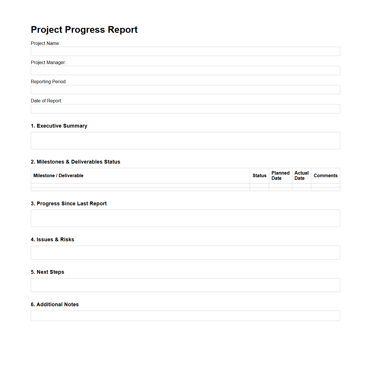 Project Progress Report Blank Template