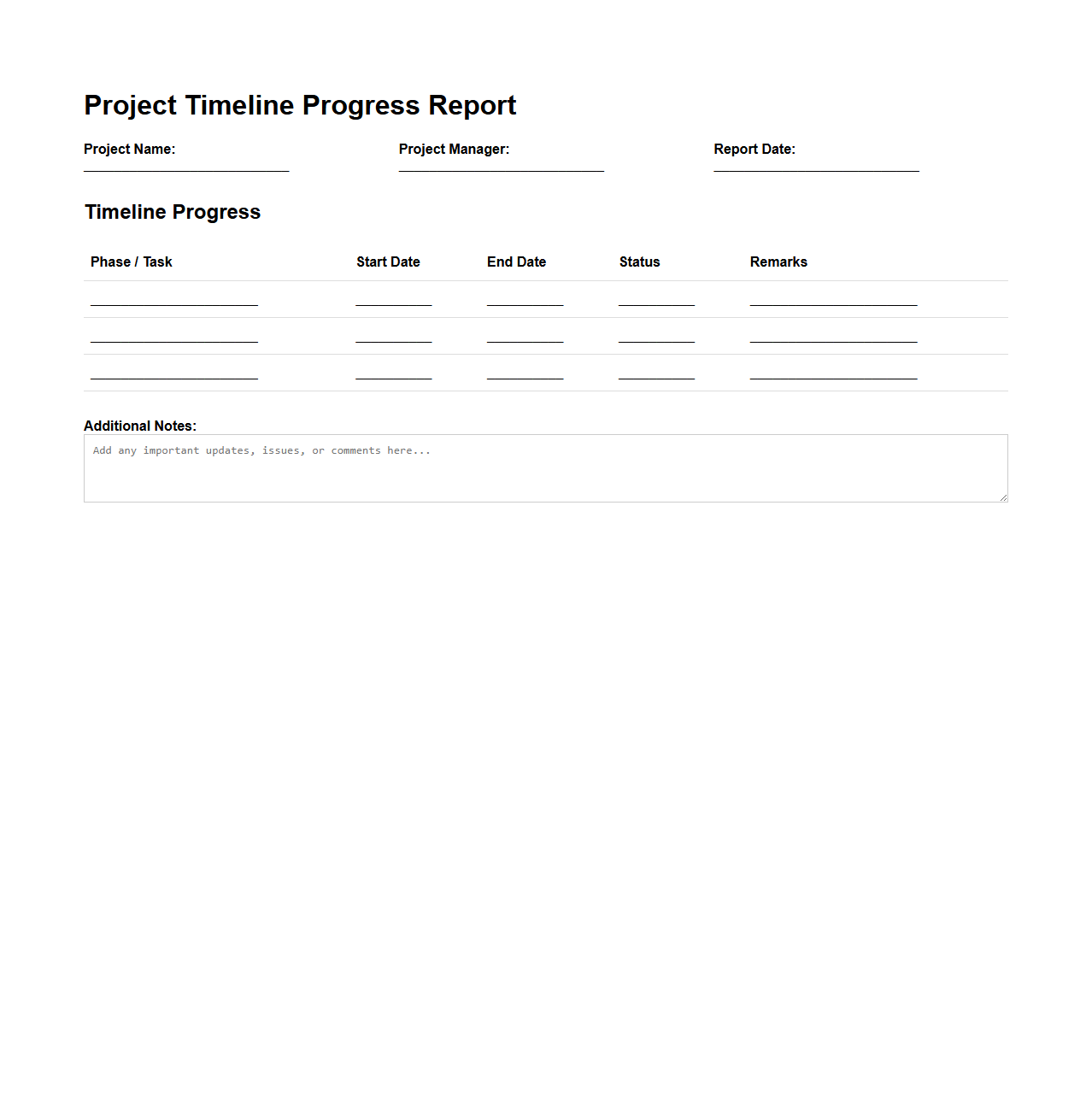 Project Timeline Progress Report Template