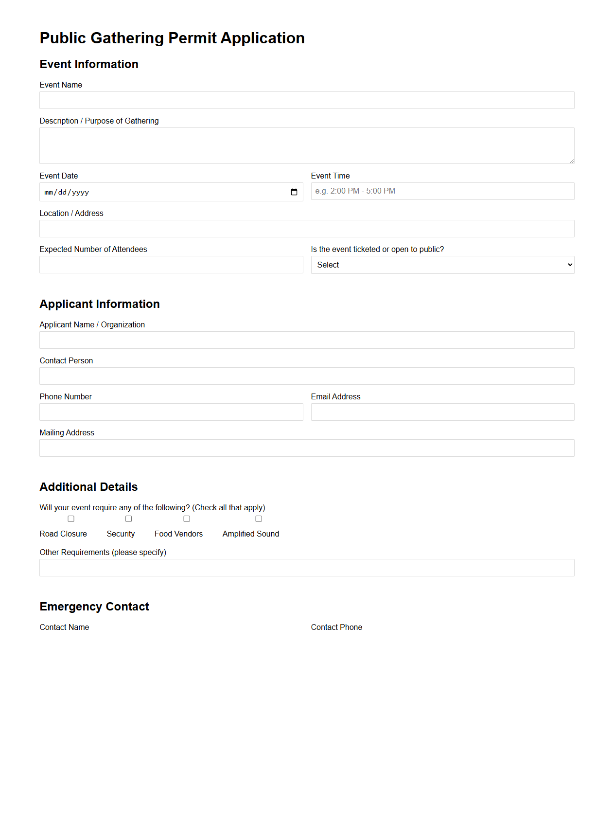 Public Gathering Permit Application Blank Template