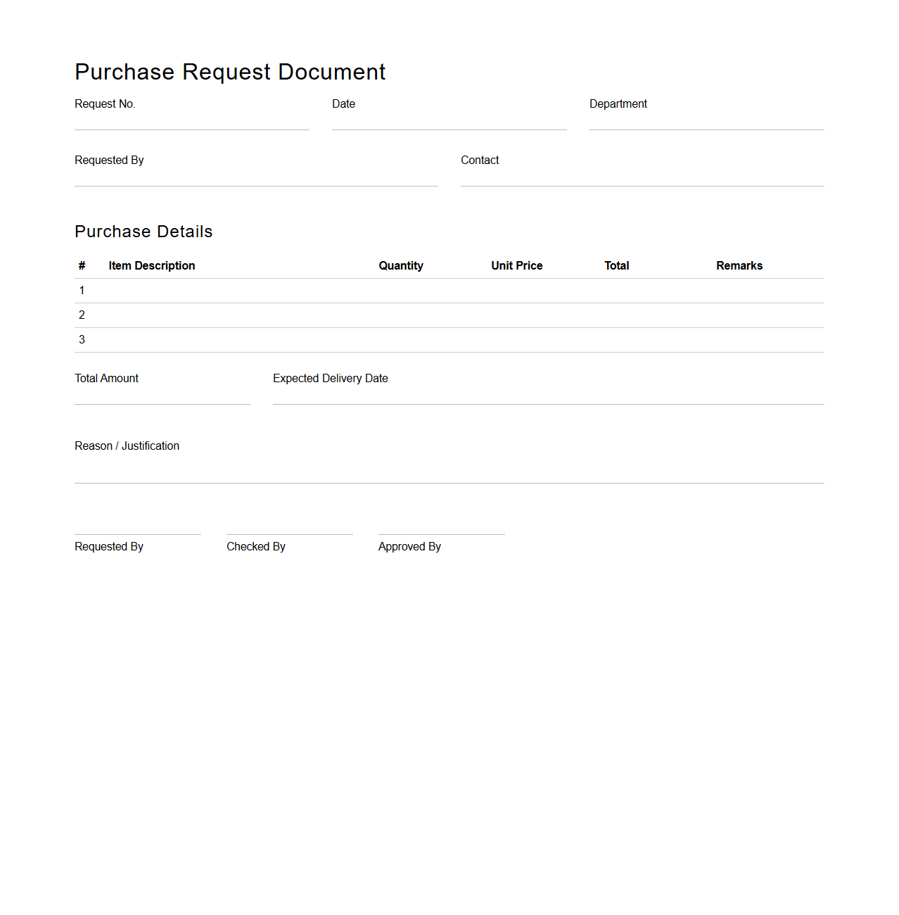 Purchase Request Document for Internal Approval