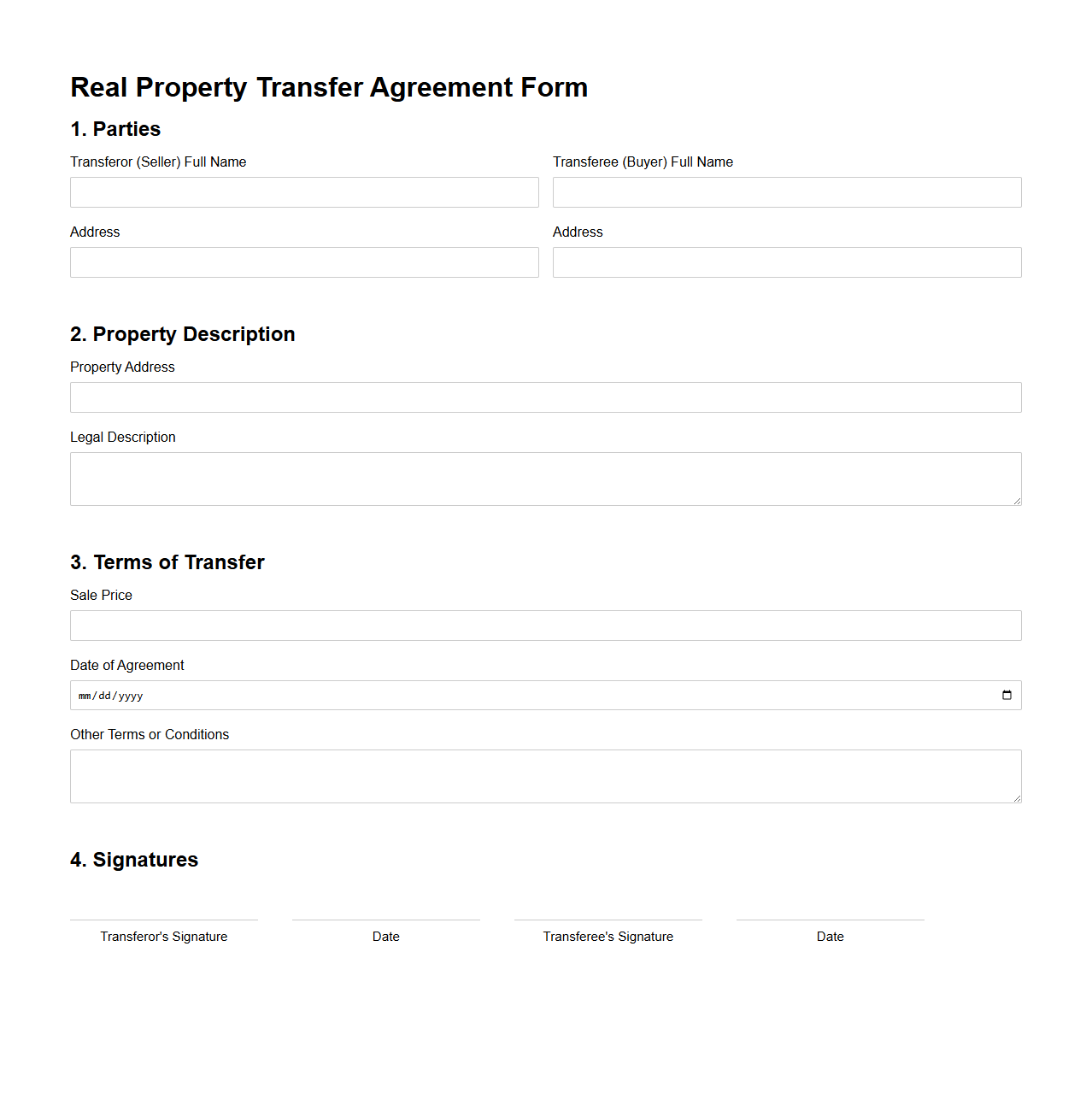 Real Property Transfer Agreement Form