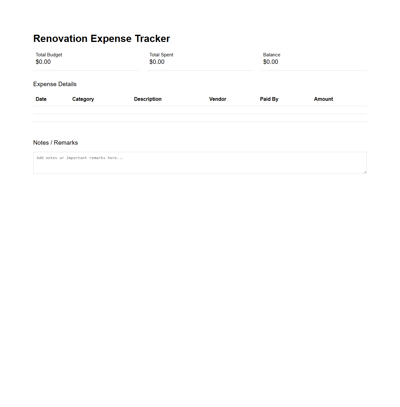 Renovation Expense Tracker Template for Remodeling Projects