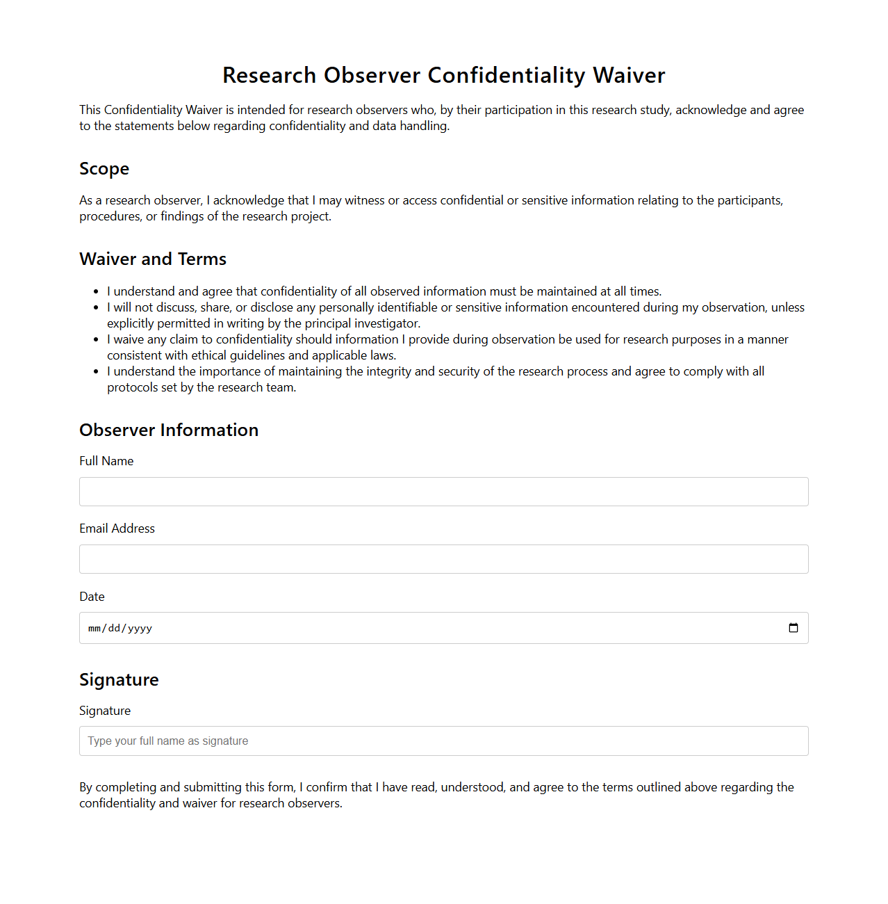 Research Observer Confidentiality Waiver Document
