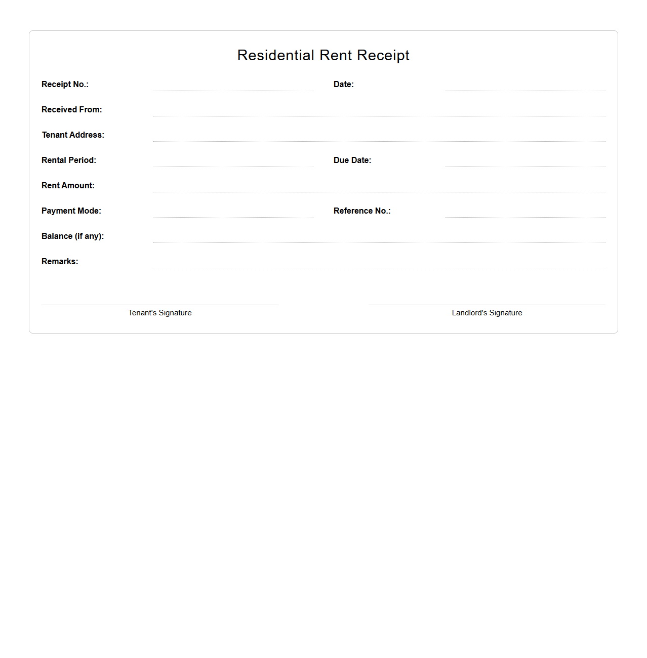 Residential Rent Receipt Format for Landlords