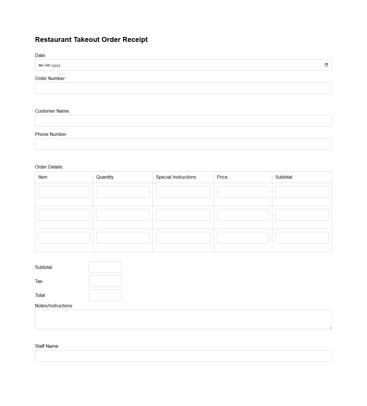 Restaurant Takeout Order Receipt Form