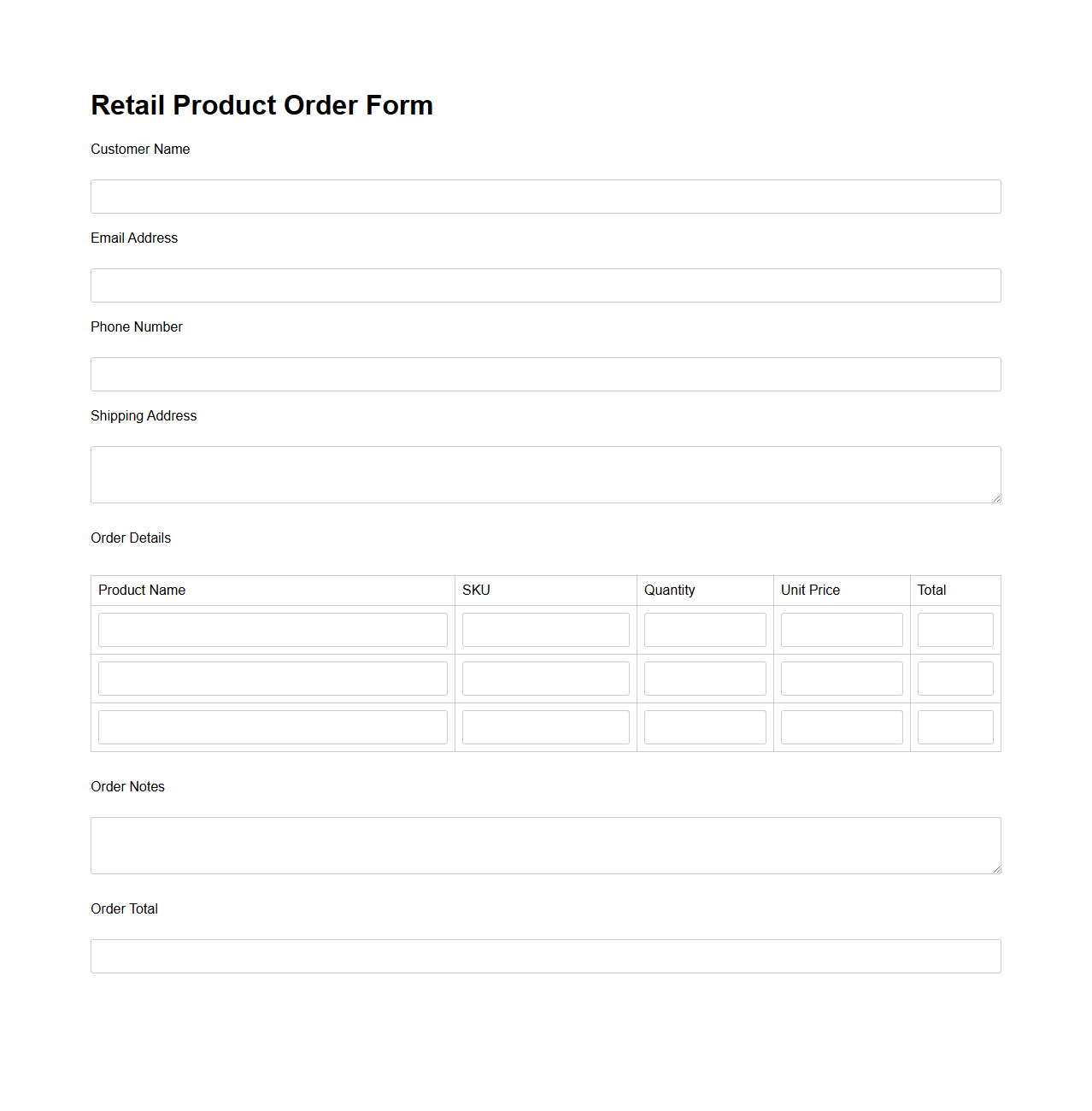 Retail Product Order Form Template