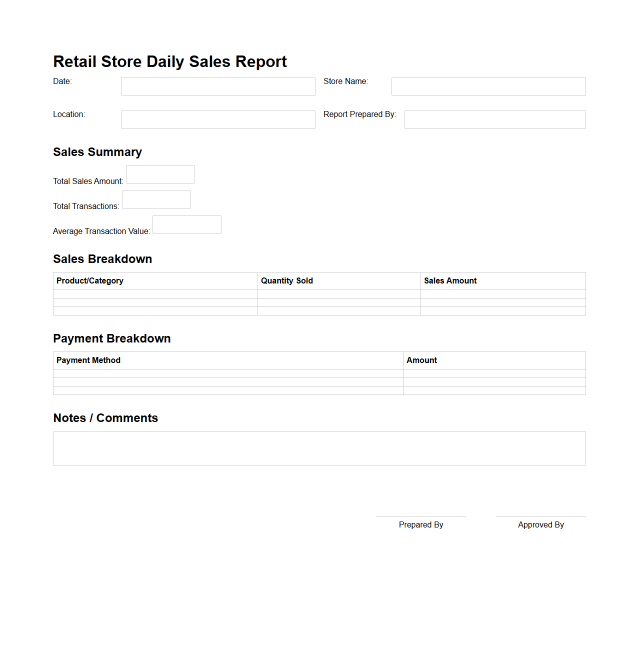Retail Store Daily Sales Report Template