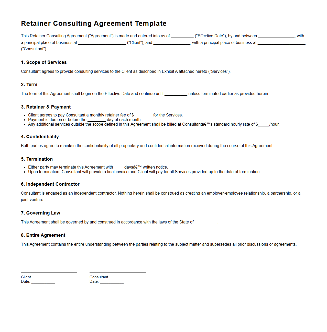 Retainer Consulting Agreement Template for Small Firms