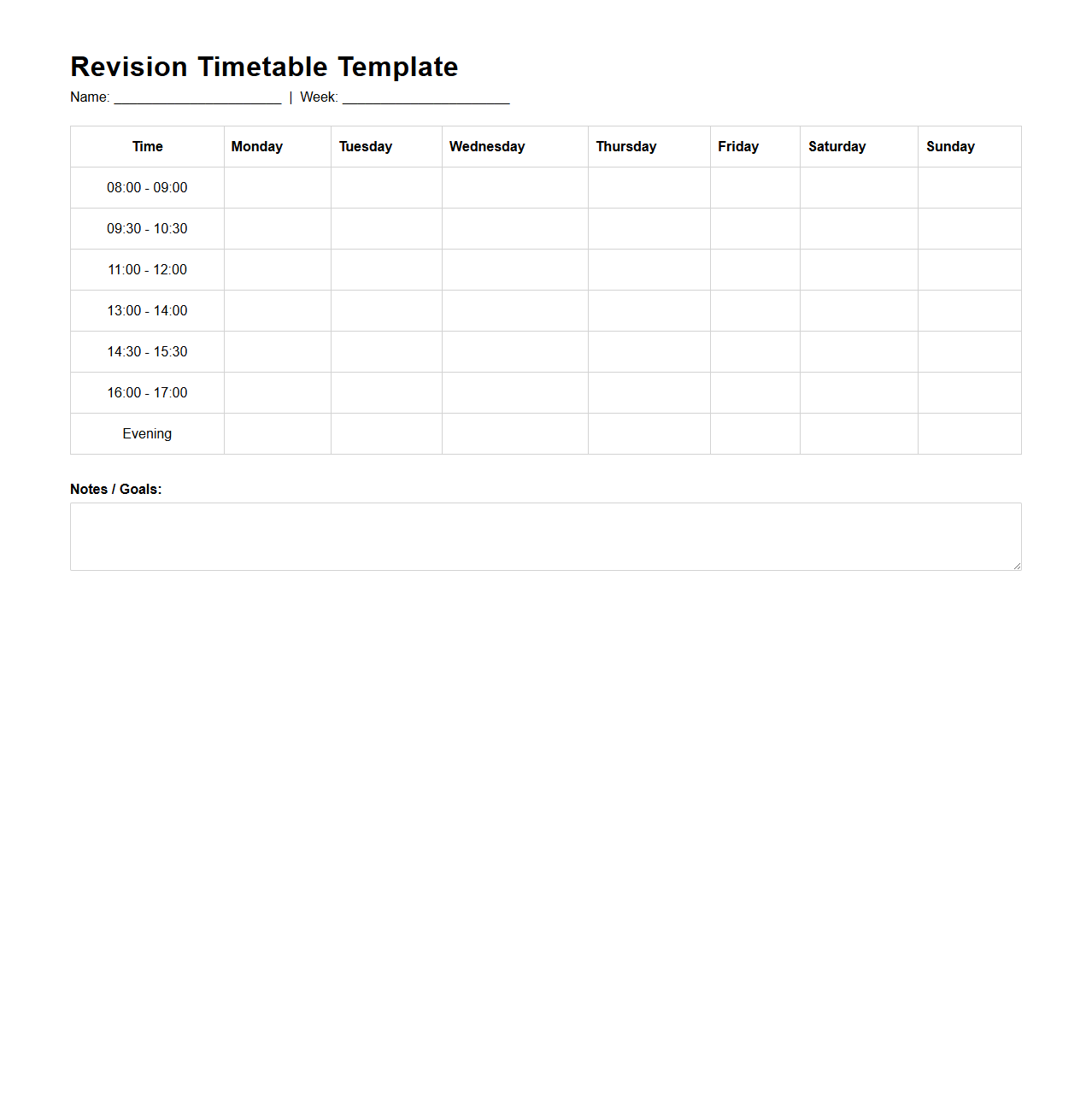 Revision Timetable Template for Students