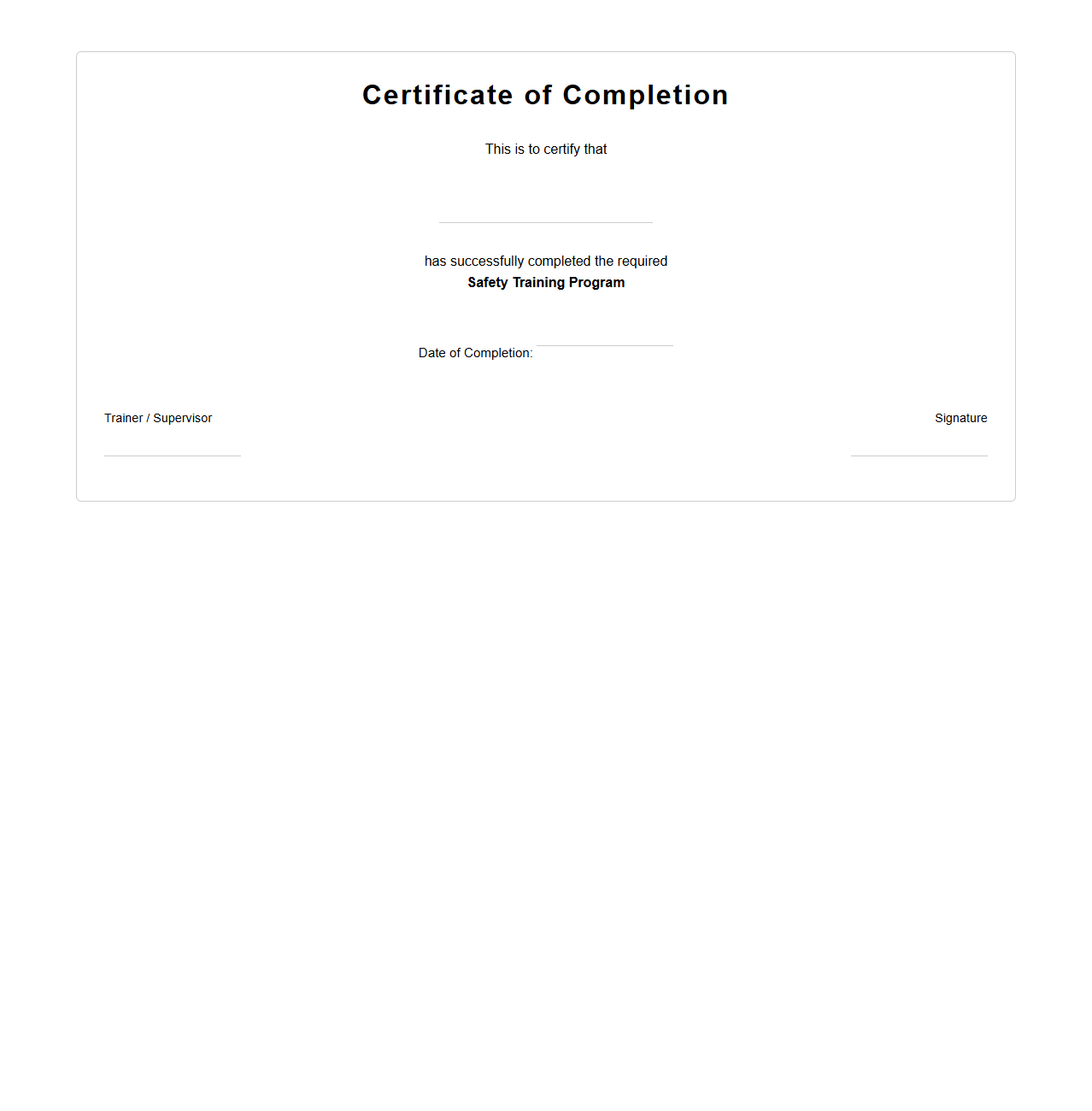 Safety Training Completion Certificate Template