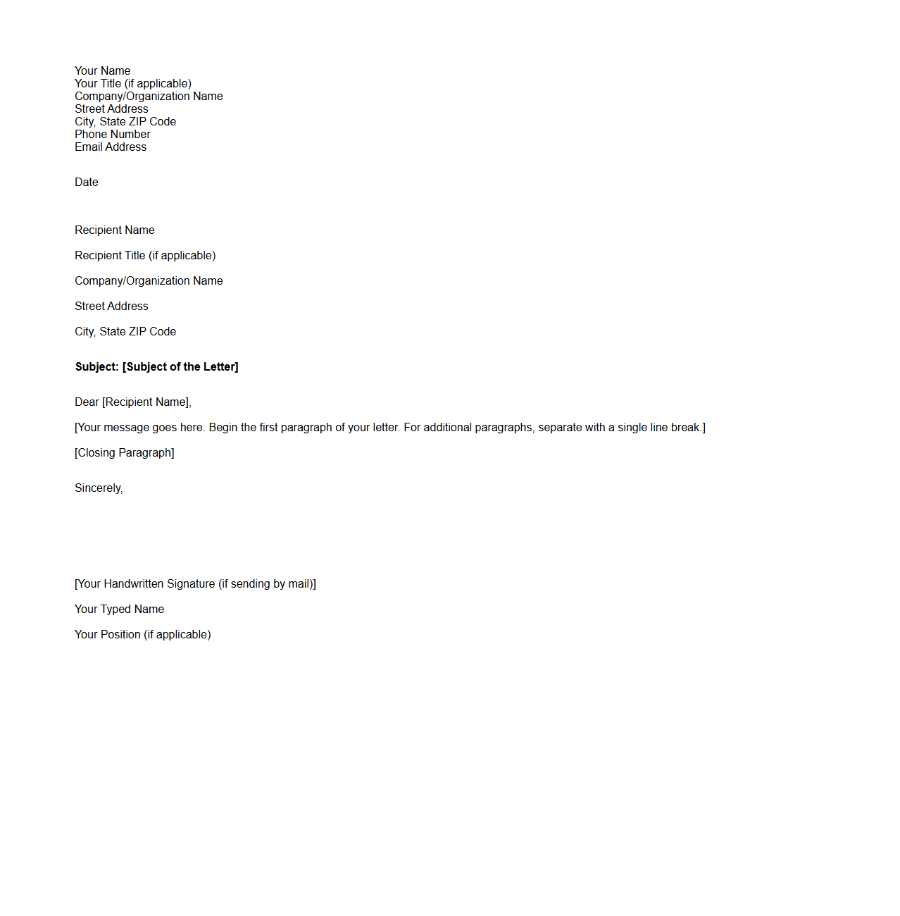 Sample Blank Professional Letter Format