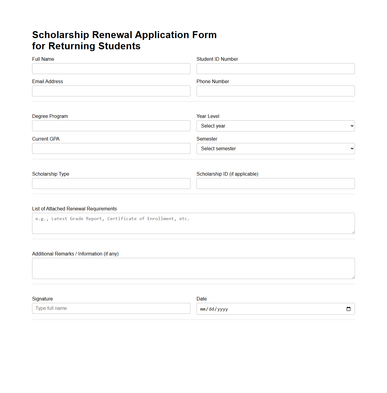 Scholarship Renewal Application Form for Returning Students
