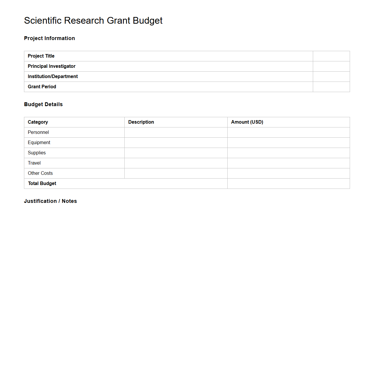 Scientific Research Grant Budget Layout