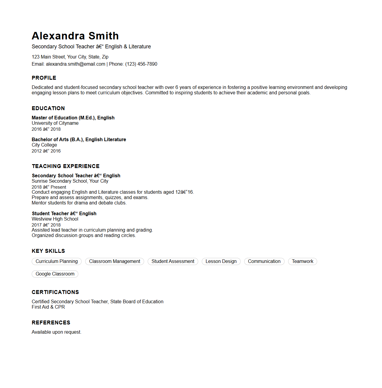 Secondary School Teacher CV Design