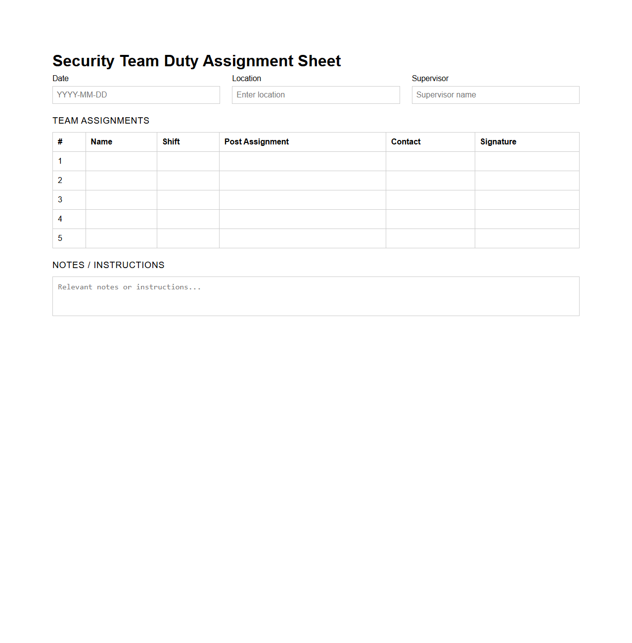 Security Team Duty Assignment Sheet