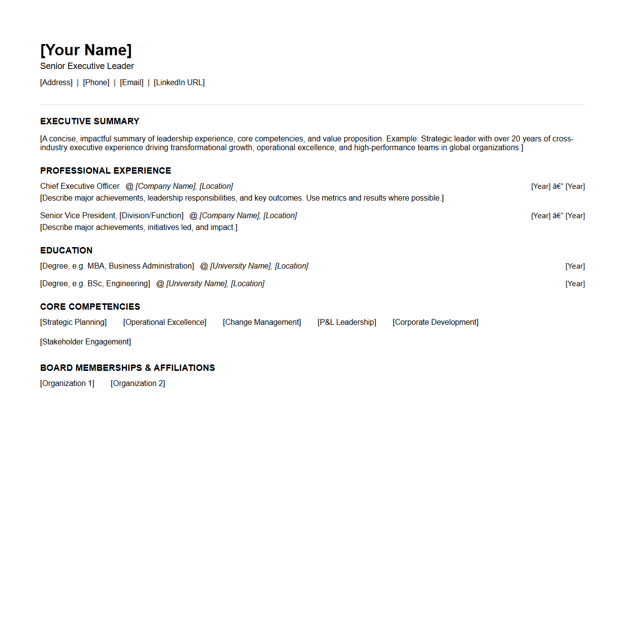 Senior Leadership Resume Format