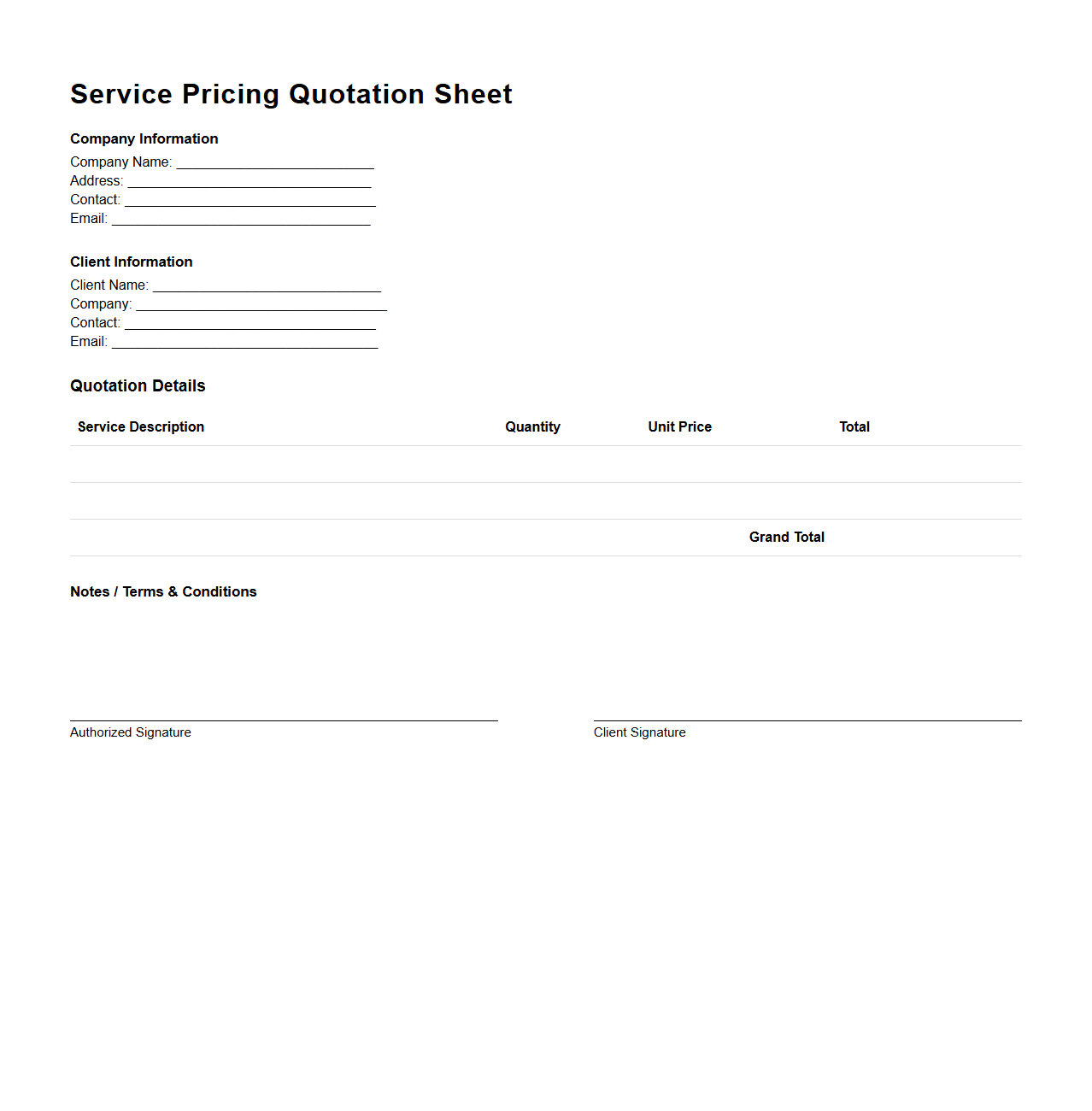 Service Pricing Quotation Sheet for Client Presentations