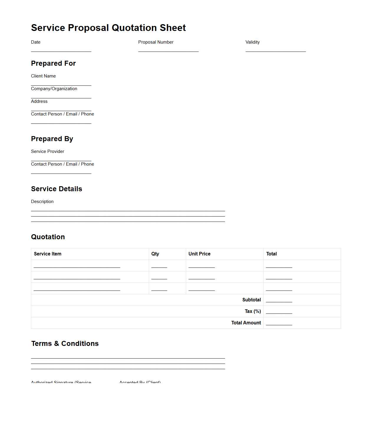 Service Proposal Quotation Sheet for Clients