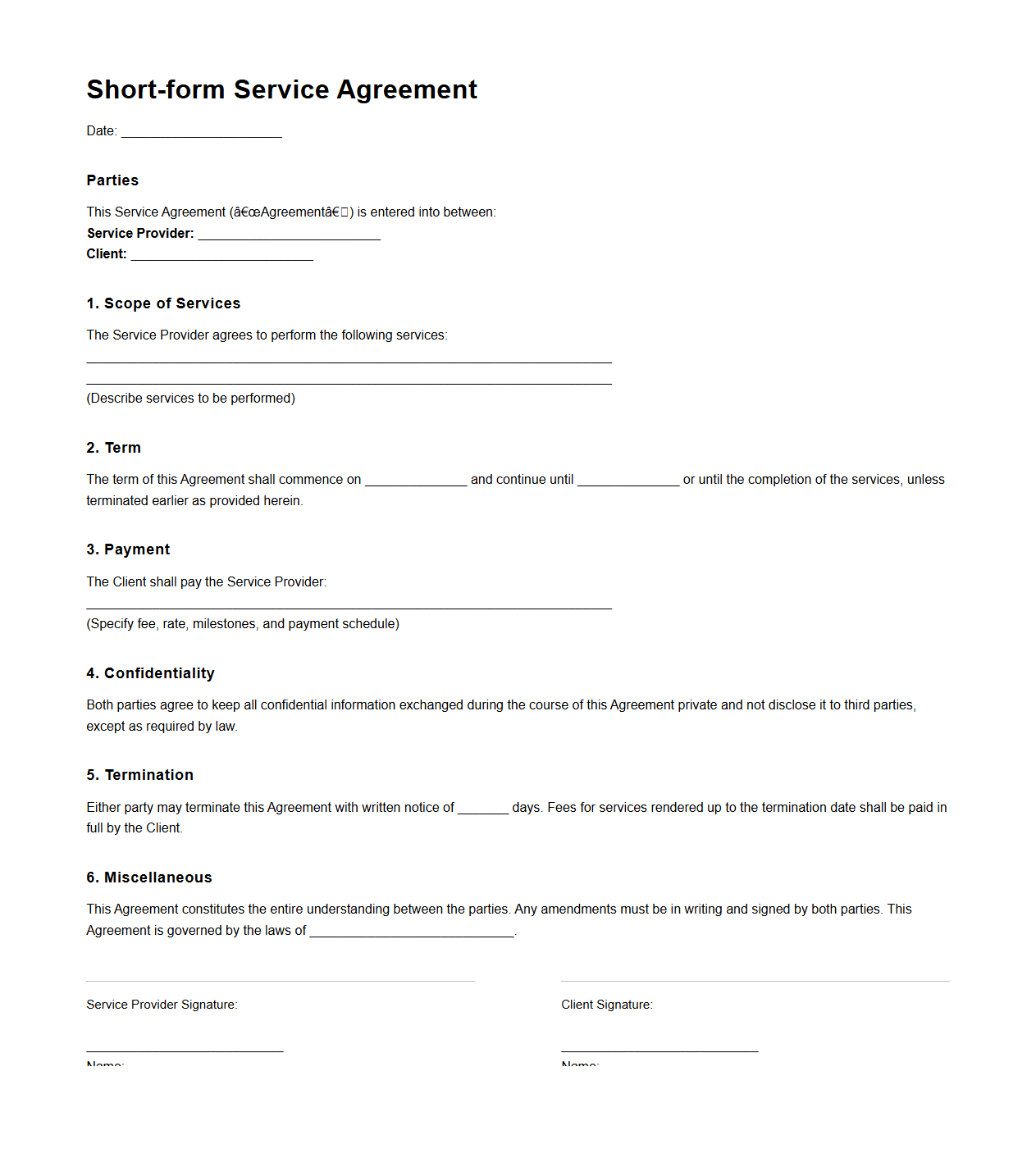 Short-form Service Agreement Template for Professionals
