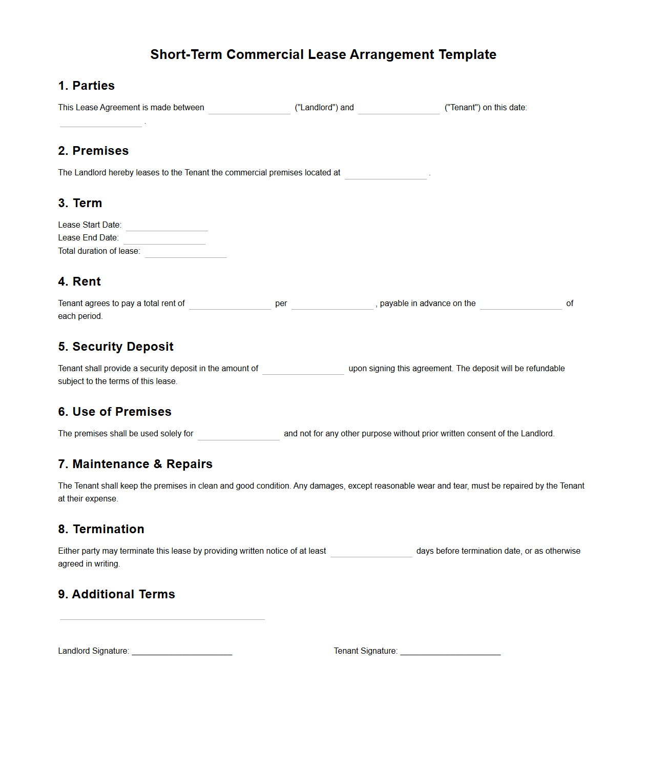 Short-Term Commercial Lease Arrangement Template