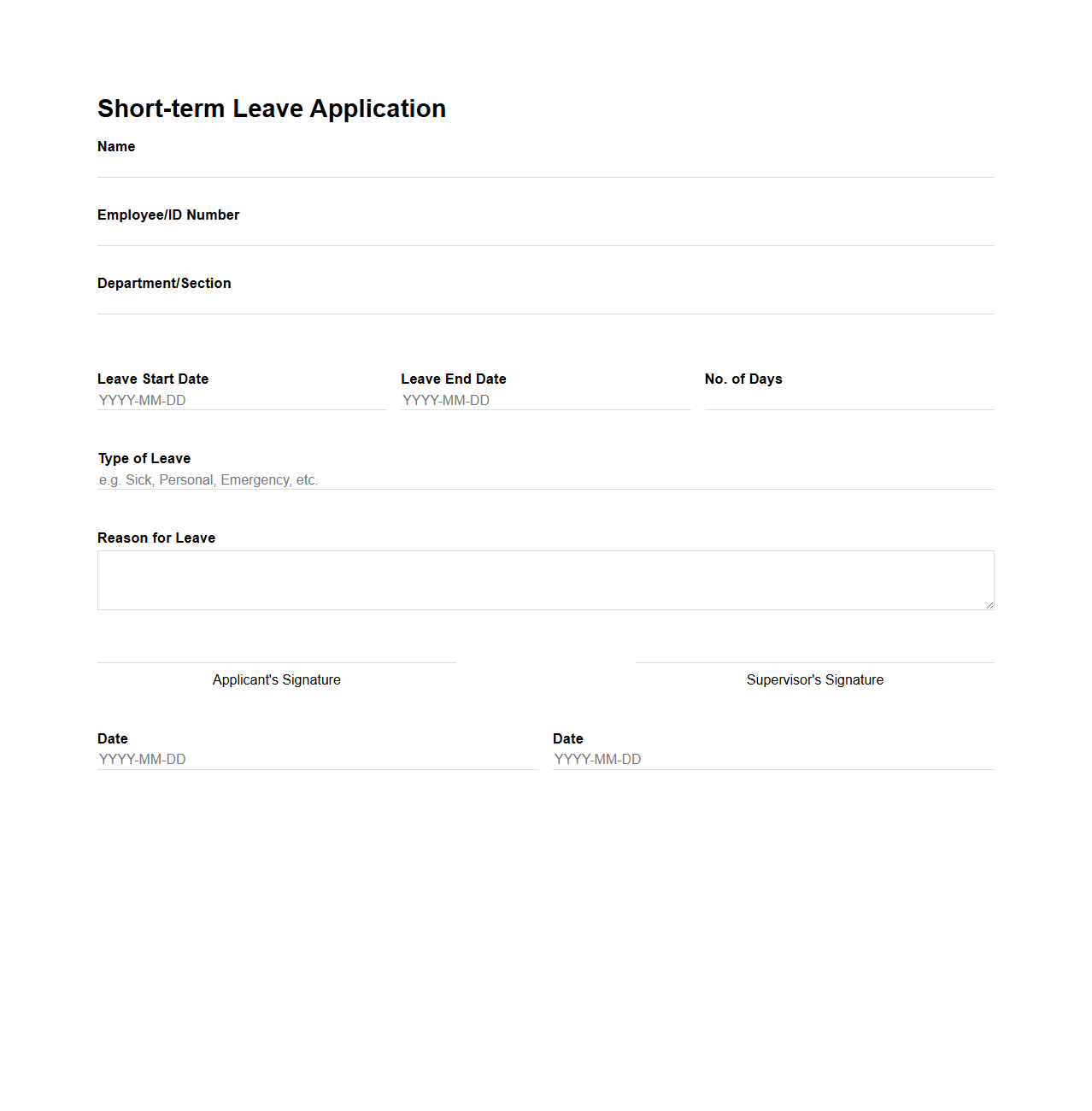 Short-term Leave Application Document