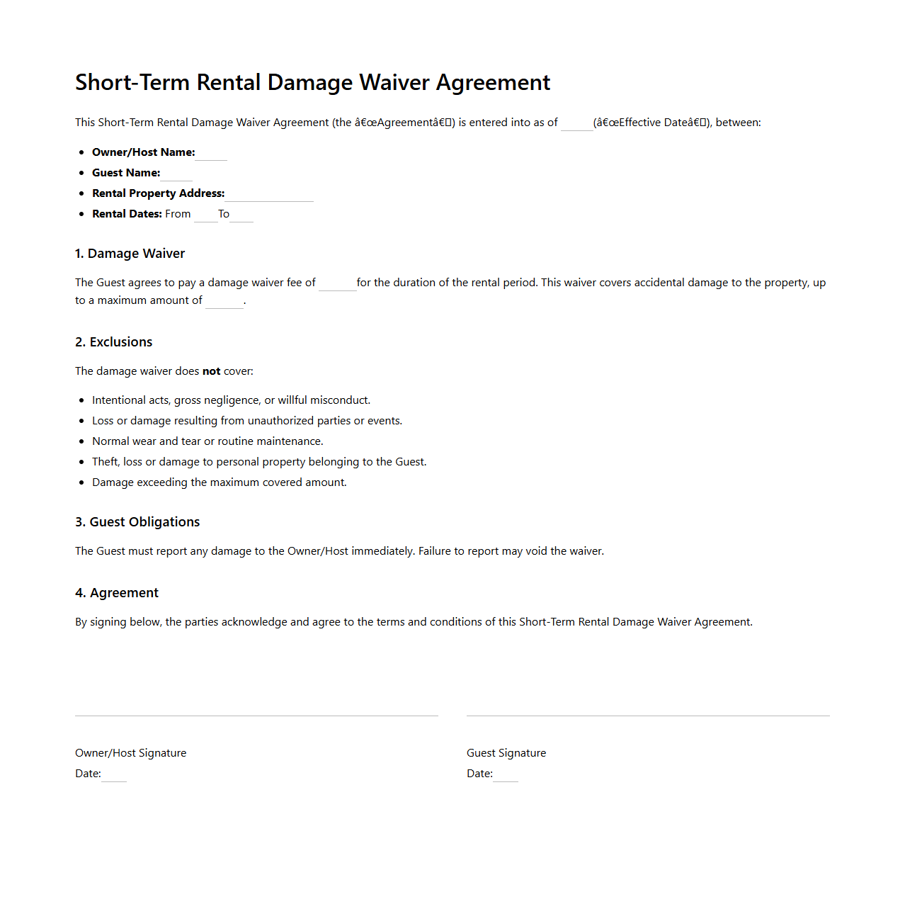 Short-Term Rental Damage Waiver Agreement Template