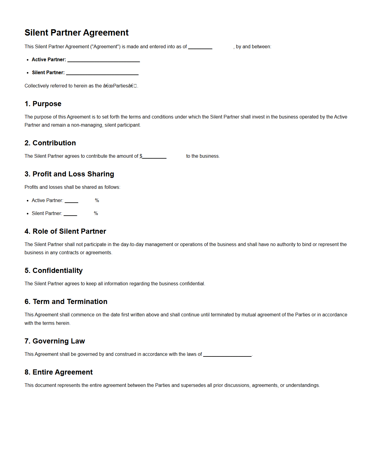 Silent Partner Agreement Template
