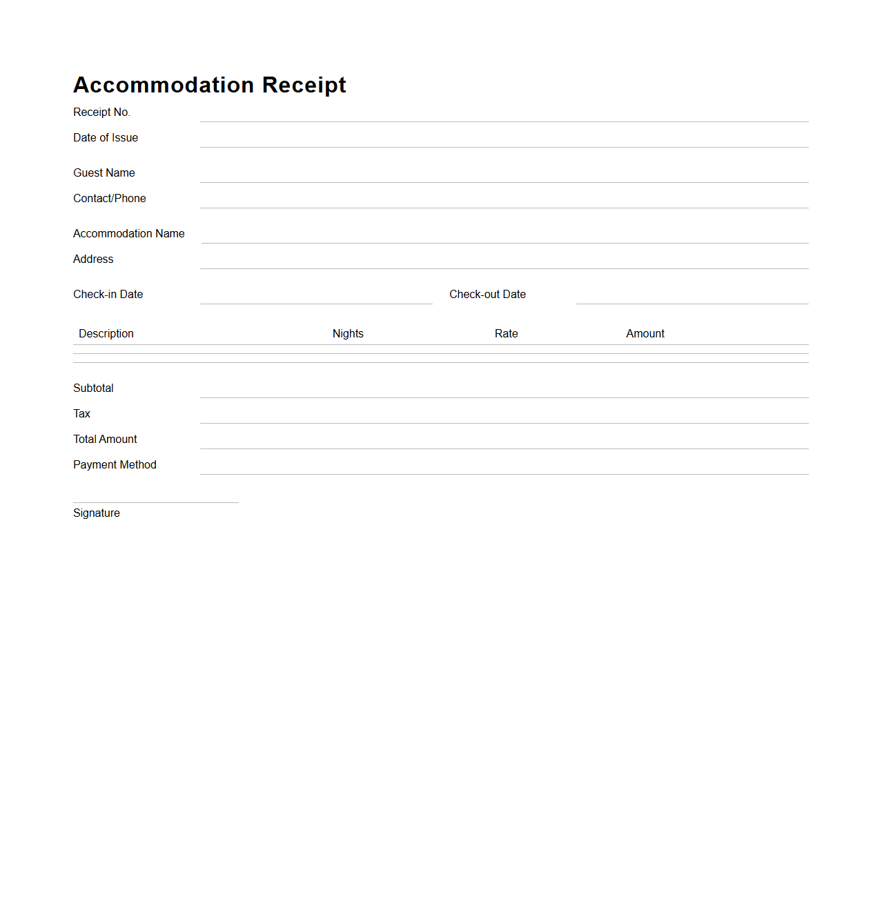 Simple Accommodation Receipt Template