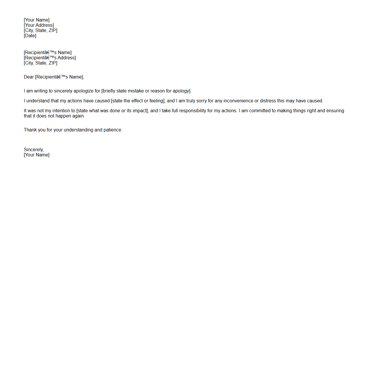 Simple Blank Apology Letter Structure