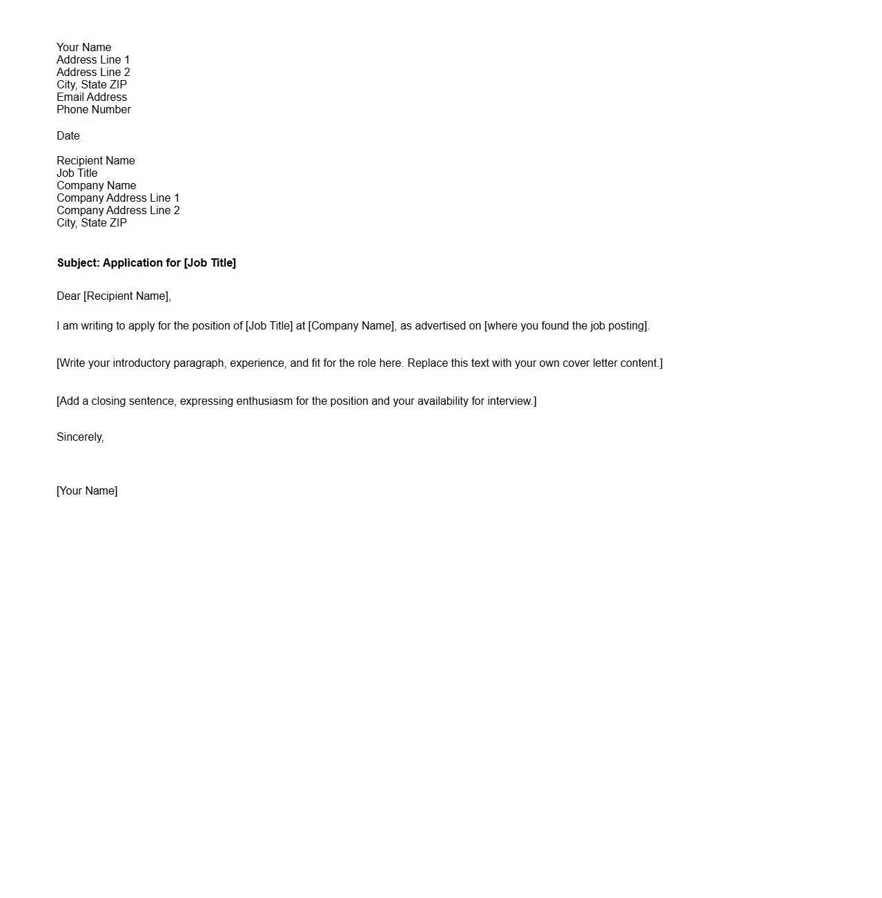 Simple Blank Cover Letter Layout for Job Applications