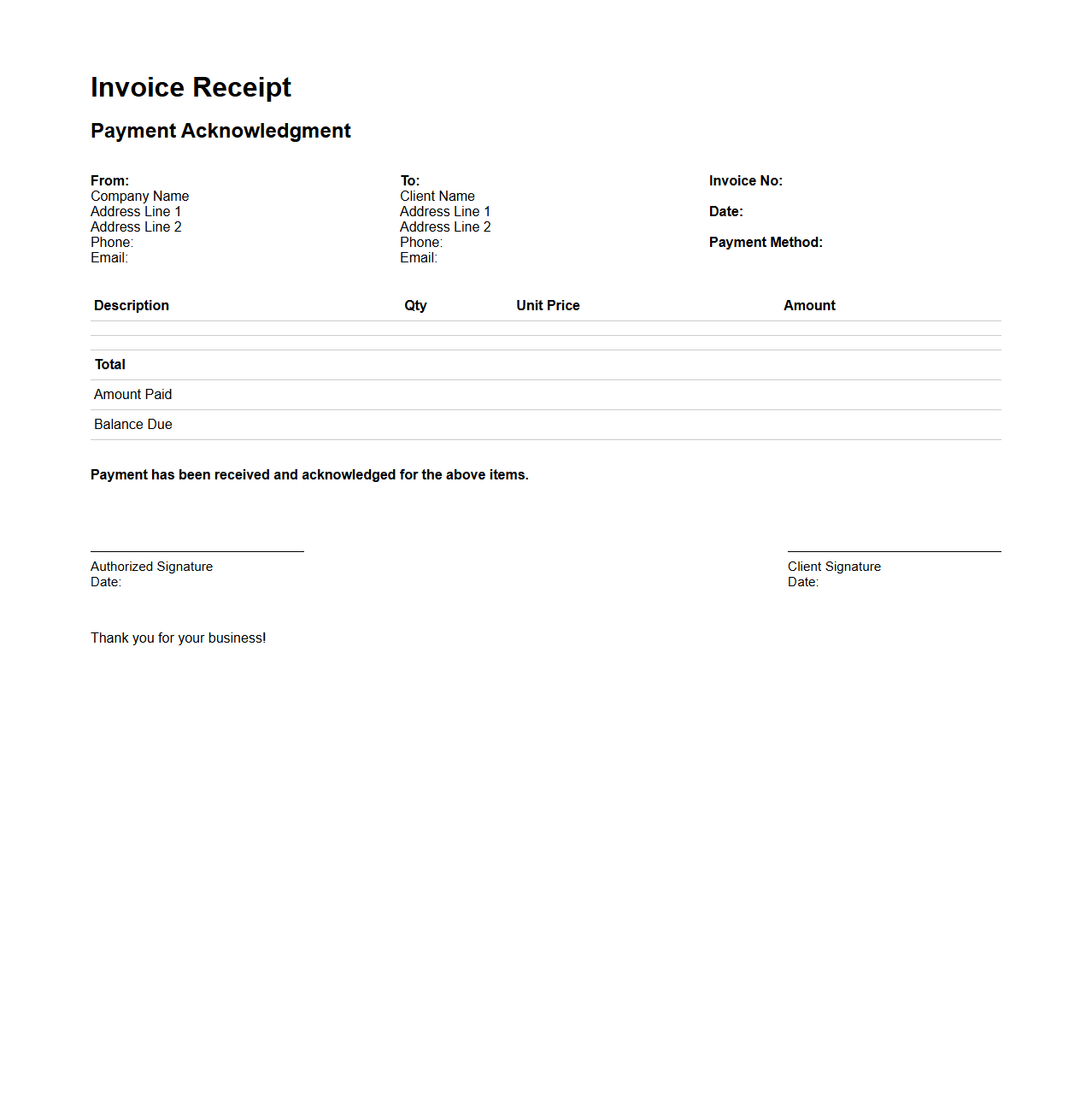 Simple Blank Invoice Receipt for Payment Acknowledgment