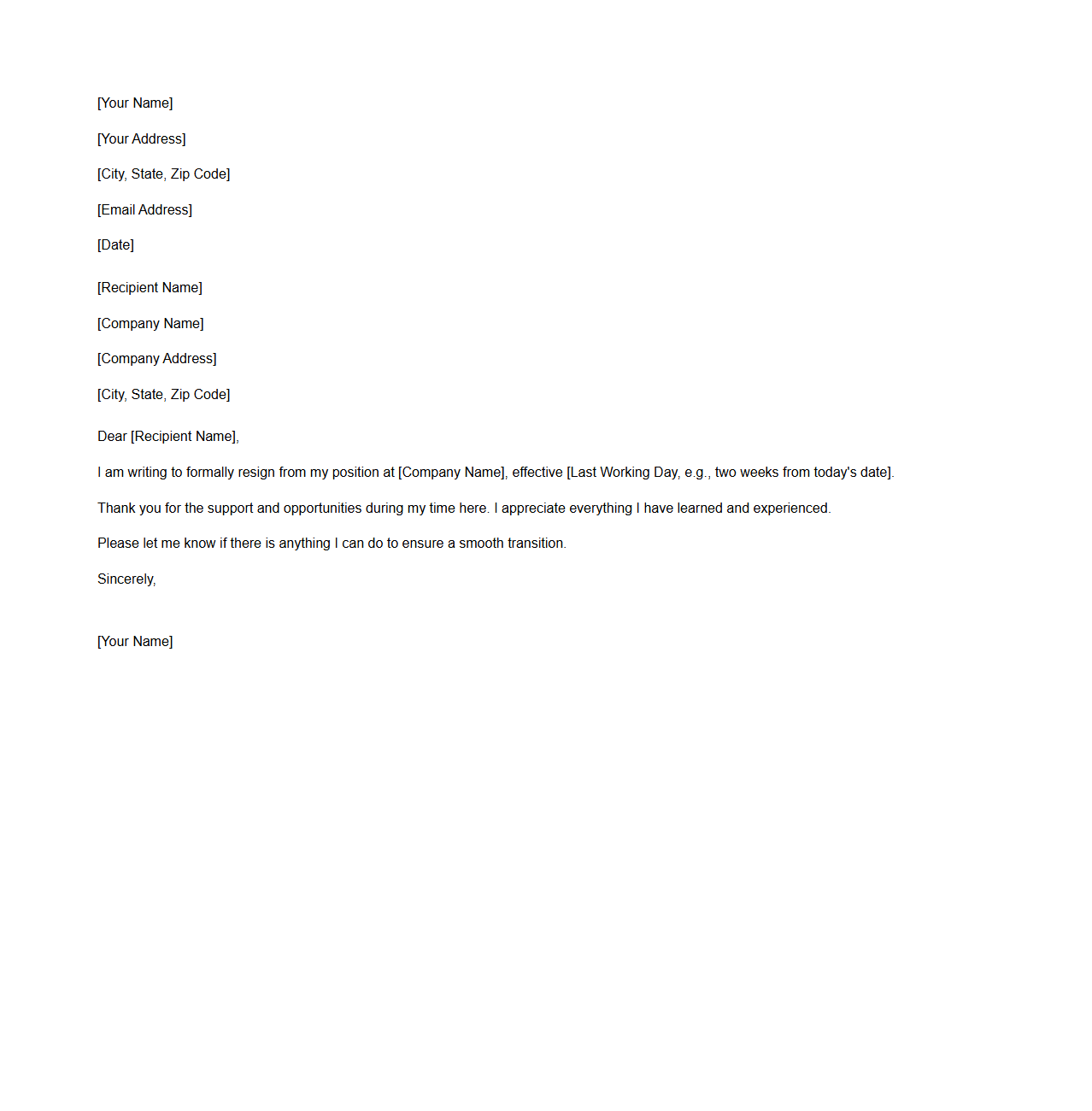 Simple Blank Resignation Letter Format