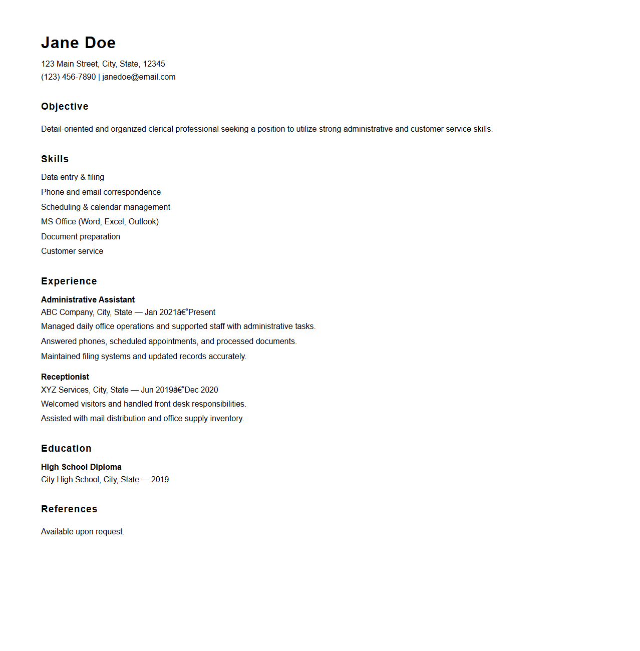 Simple Clerical Resume Layout