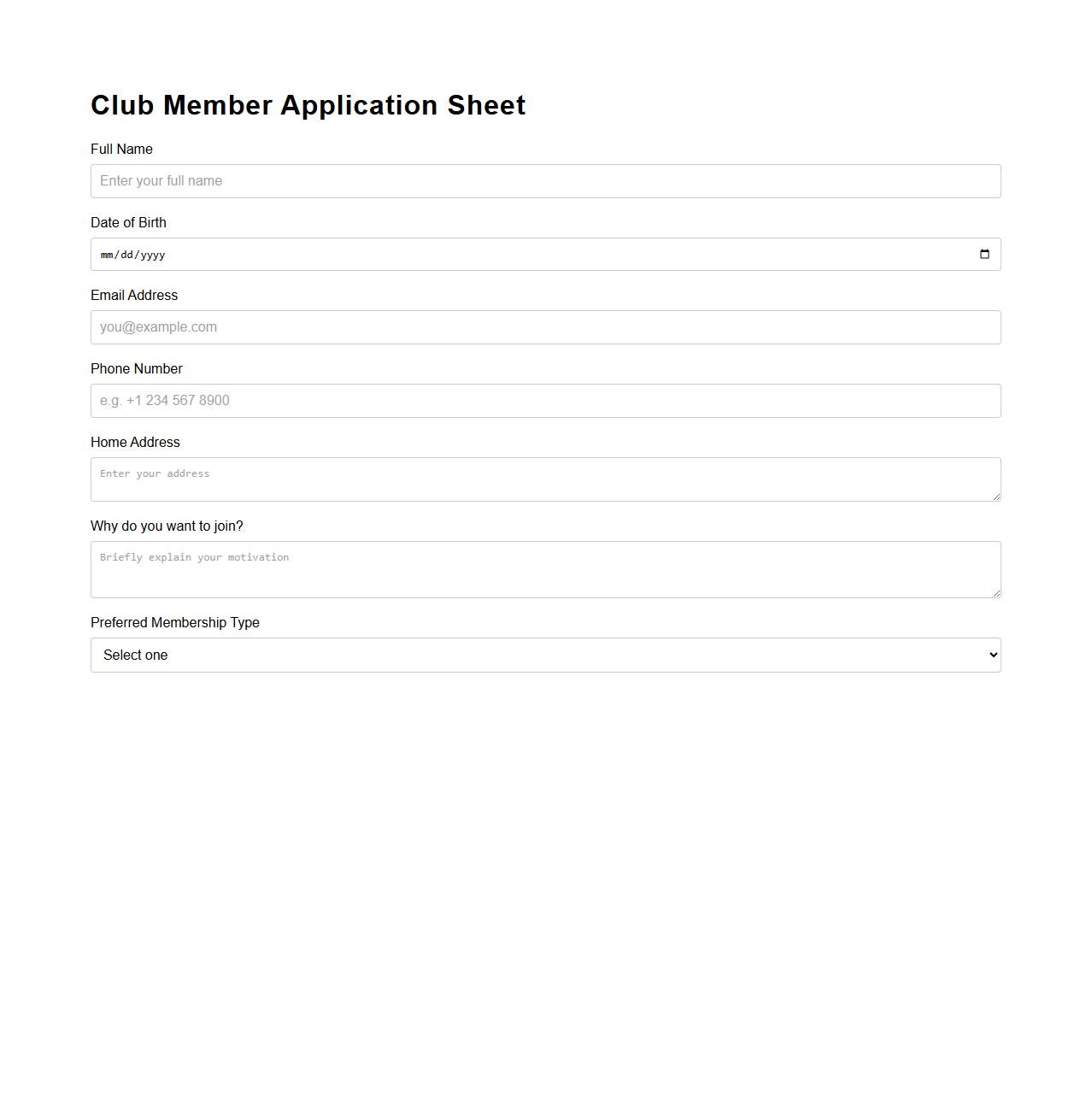 Simple Club Member Application Sheet