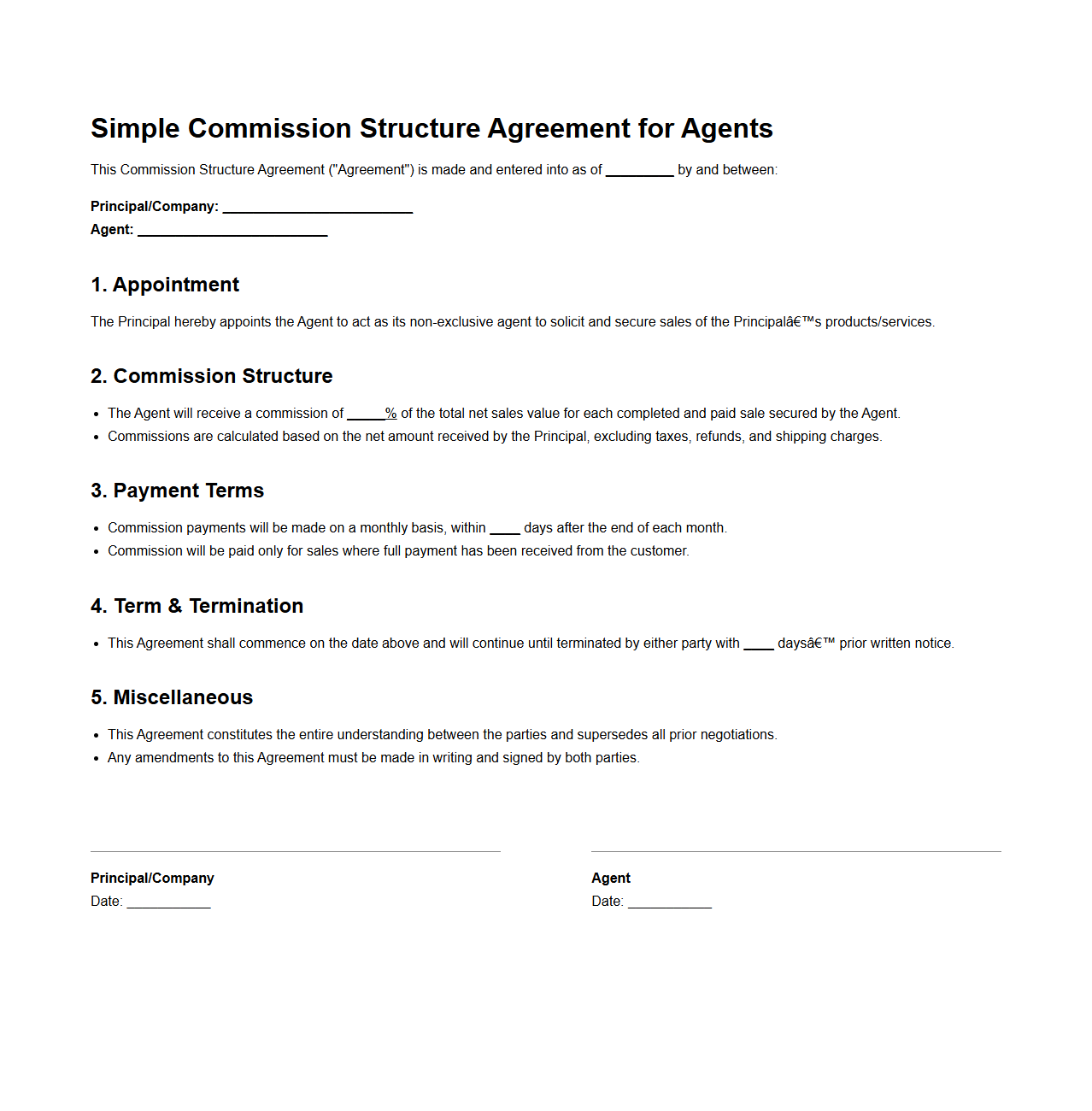 Simple Commission Structure Agreement for Agents