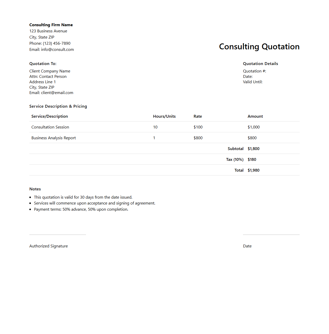 Simple Consulting Quotation Template for Business Services