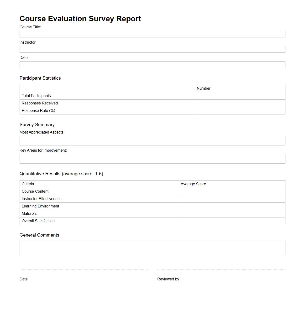 Simple Course Evaluation Survey Report Blank Sheet