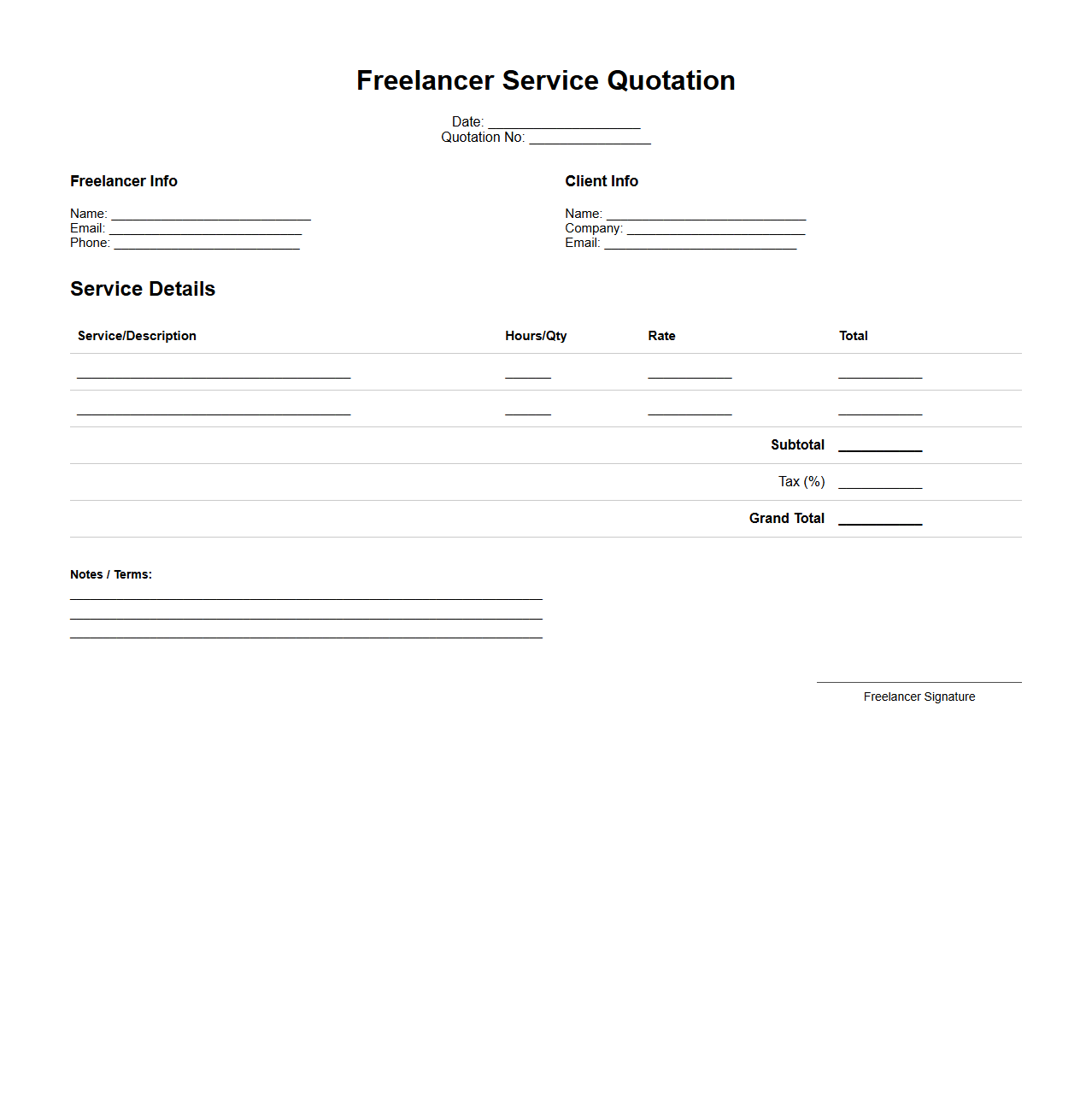 Simple Freelancer Service Quotation Format