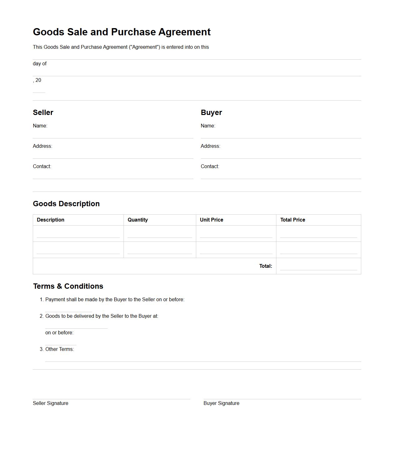 Simple Goods Sale and Purchase Agreement Sheet