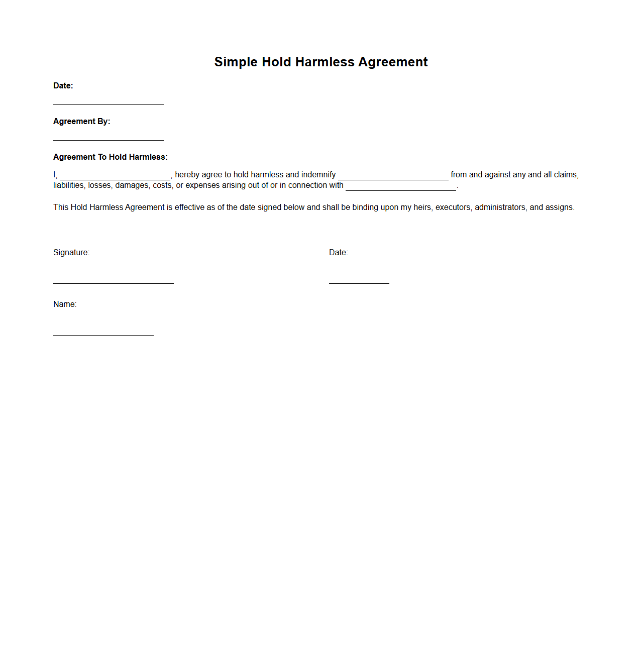 Simple Hold Harmless Agreement Template