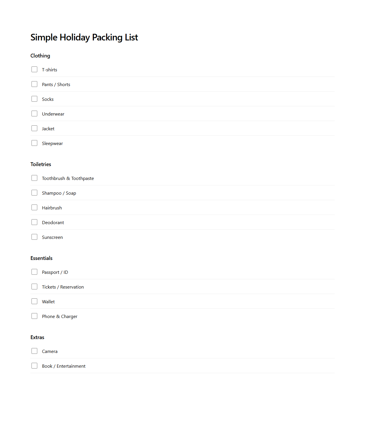 Simple Holiday Packing List Format