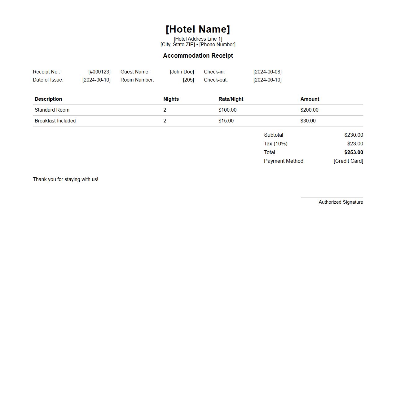 Simple Hotel Receipt Template for Accommodation Stays