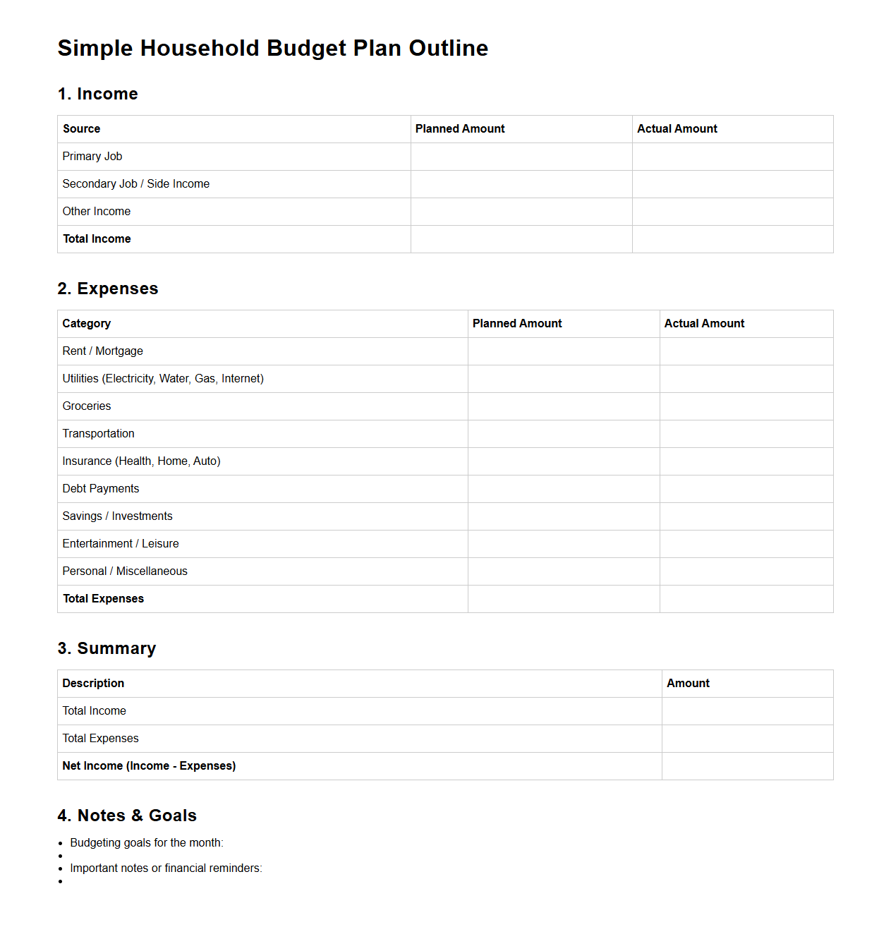 Simple Household Budget Plan Outline