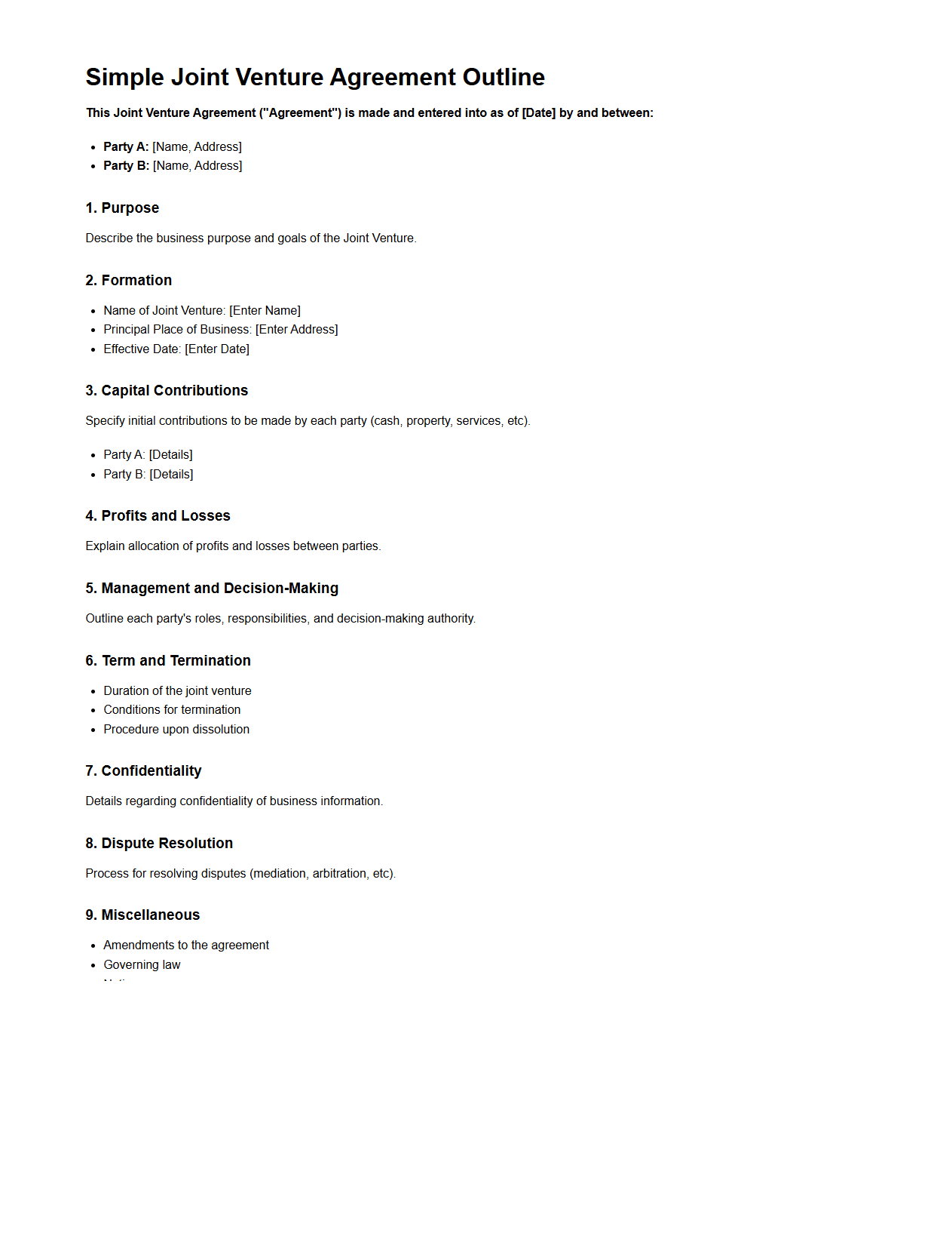 Simple Joint Venture Agreement Outline for New Businesses