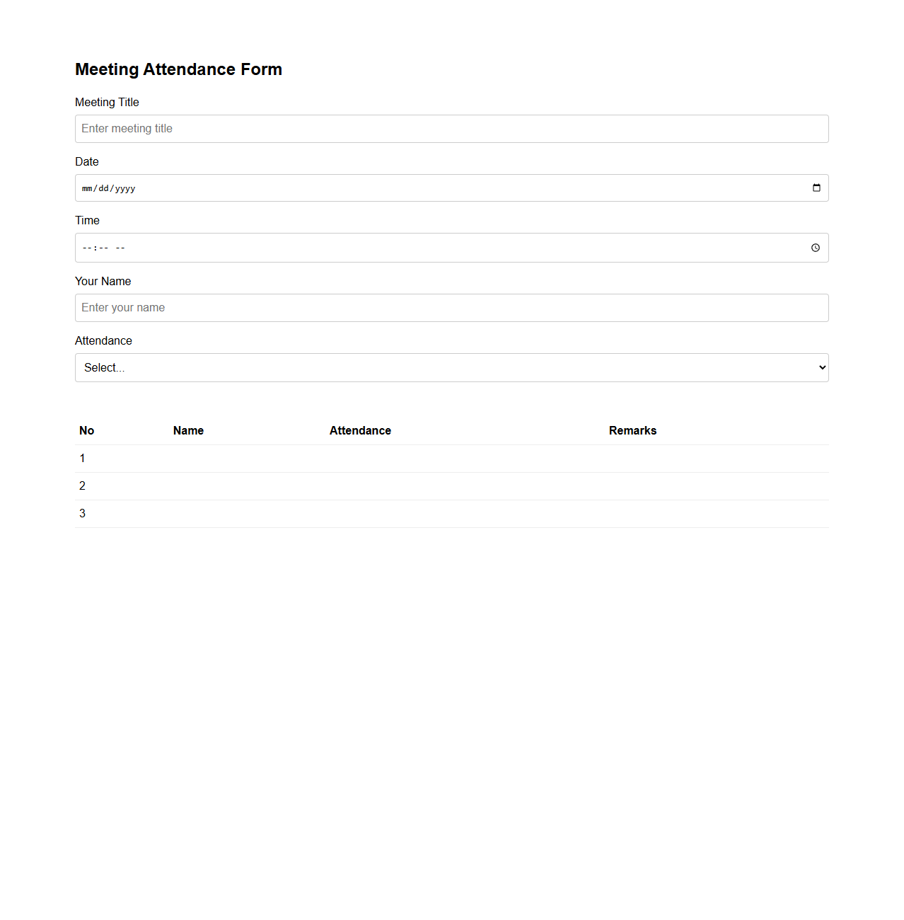 Simple Meeting Attendance Form Template