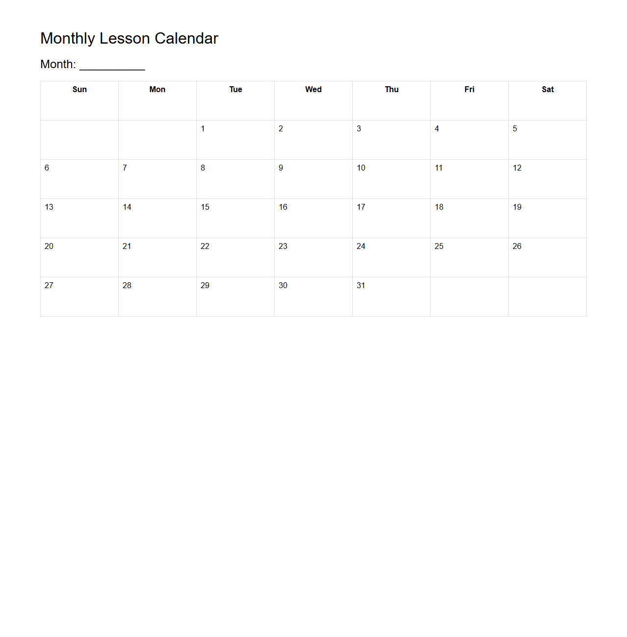 Simple Monthly Lesson Calendar Template