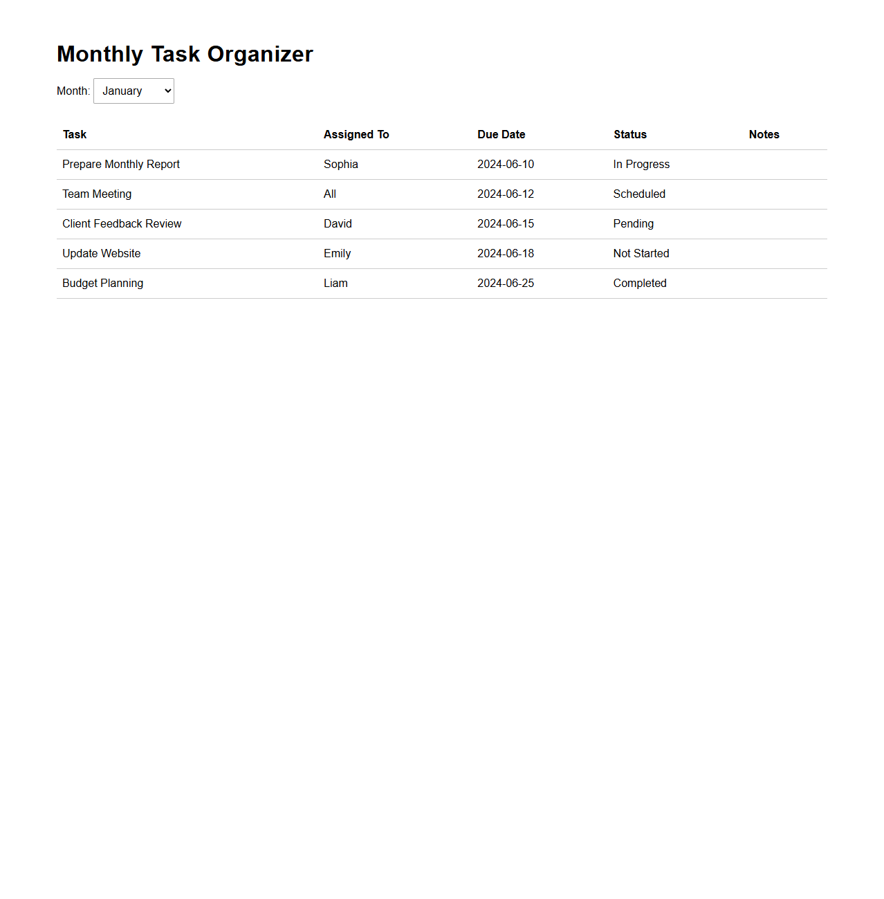 Simple Monthly Task Organizer for Teams