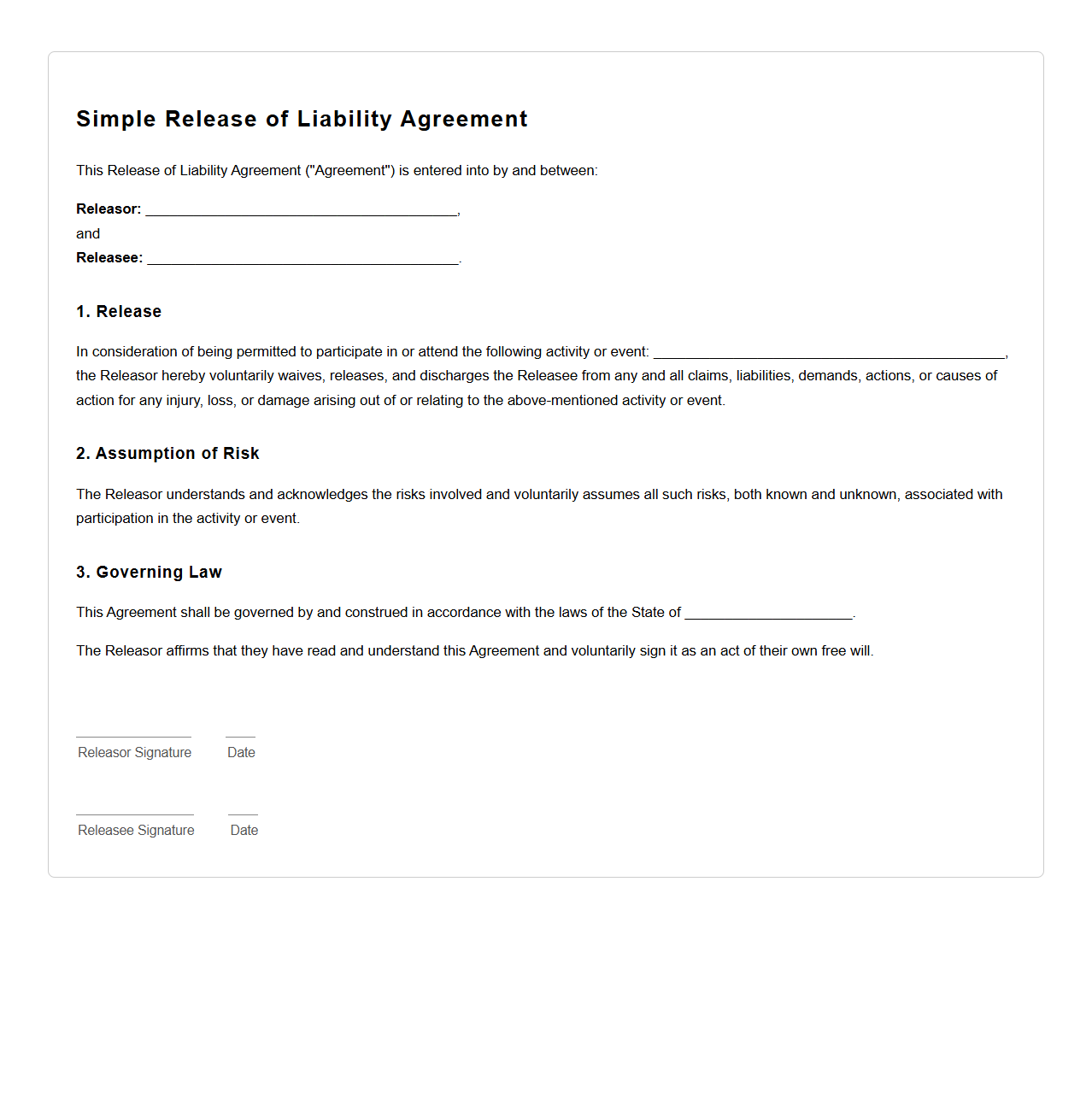 Simple Release of Liability Agreement