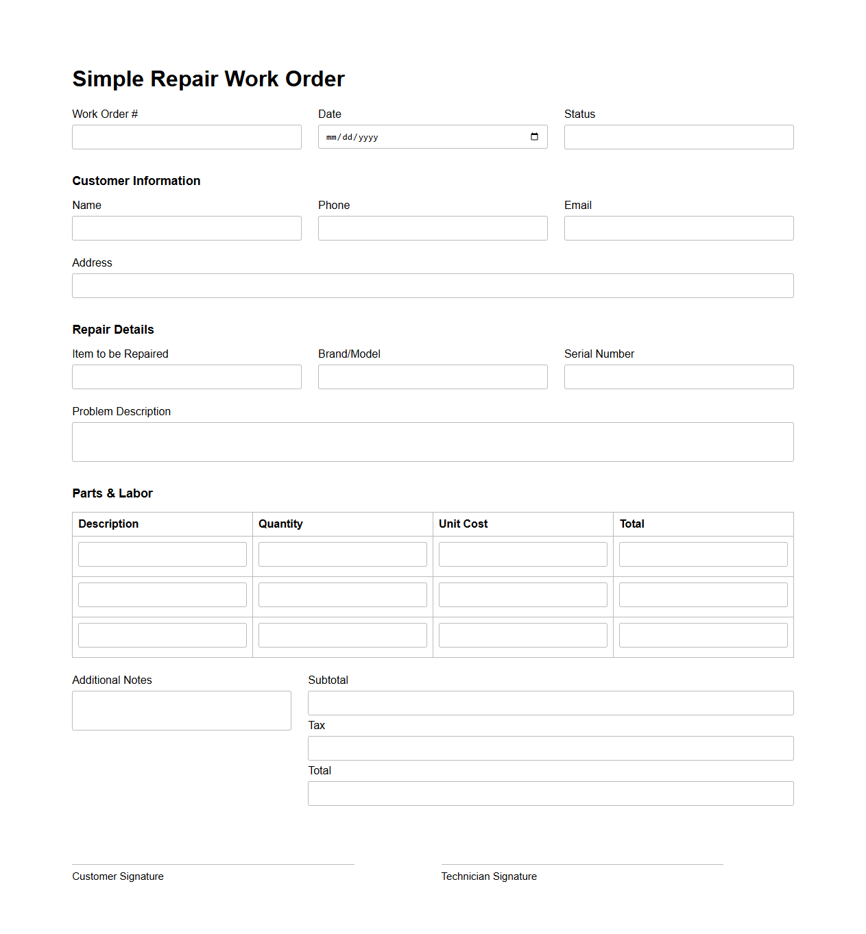 Simple Repair Work Order Template
