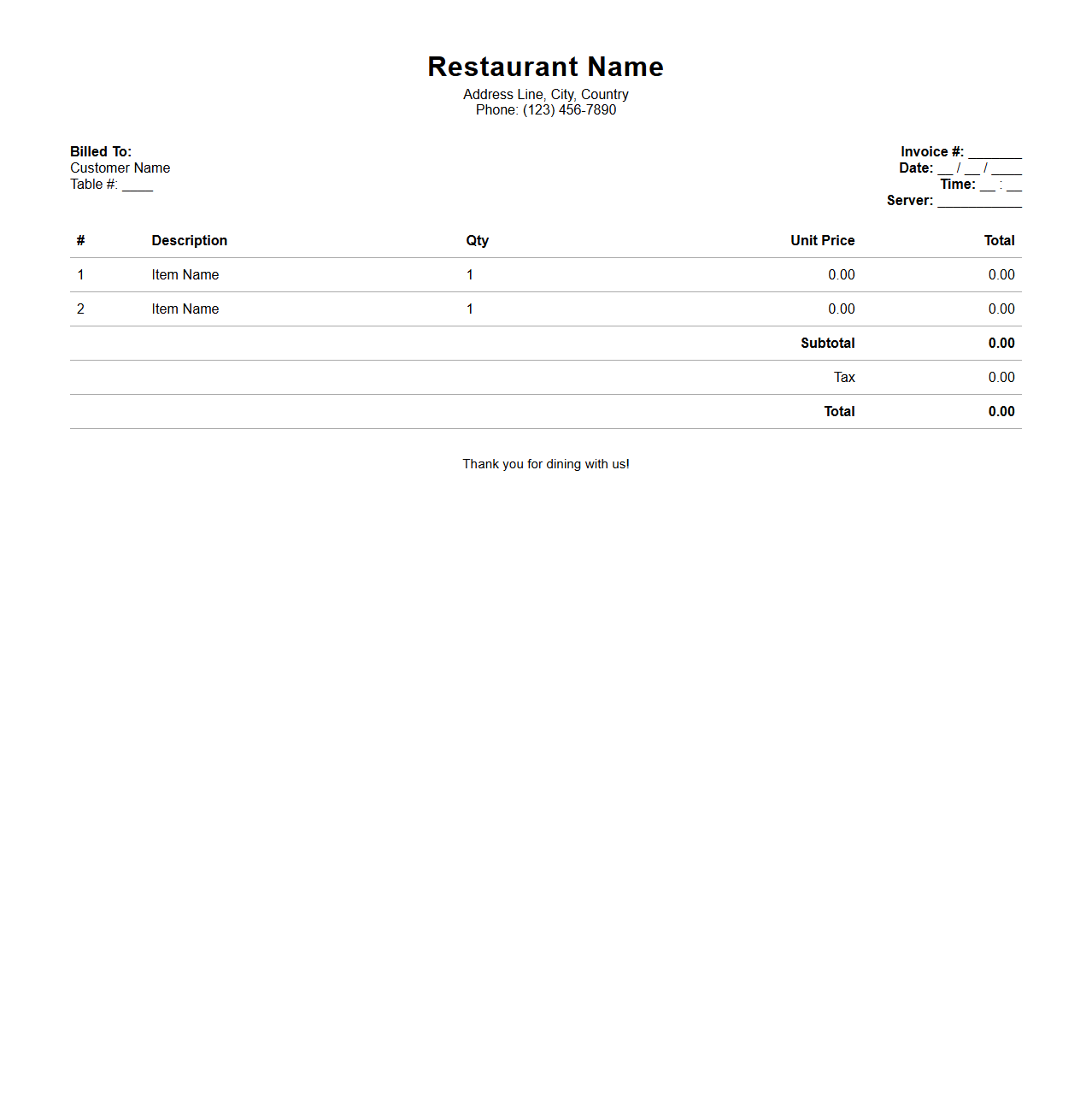Simple Restaurant Invoice Template